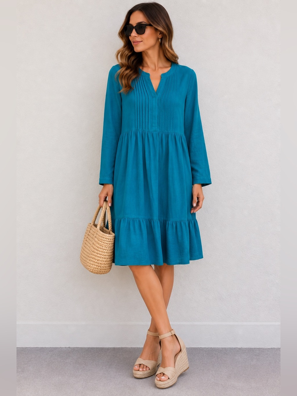 J. Jill Linen blend Teal Blue Shift Dress size Small